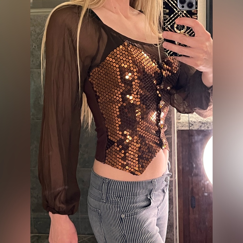 True Y2K Sequin Mesh Brown Long Sleeve Top - Crystal Embellished Sparkly Disco